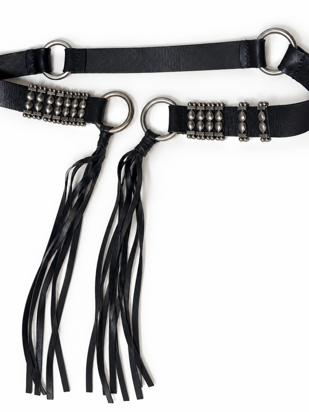 Black Genuine Leather O Ring Fringe Belt Studded Punk Rock Western Festival Boho